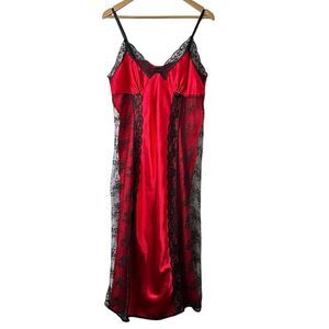 Vtg Y2K Babydoll Maxi Slip Dress Gown Secret Treasures Red Black Lace Satin XL